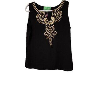 Cappagallo Black Embroidered With Gold Sleeveless V-Neck Tunic Top Size S NWT